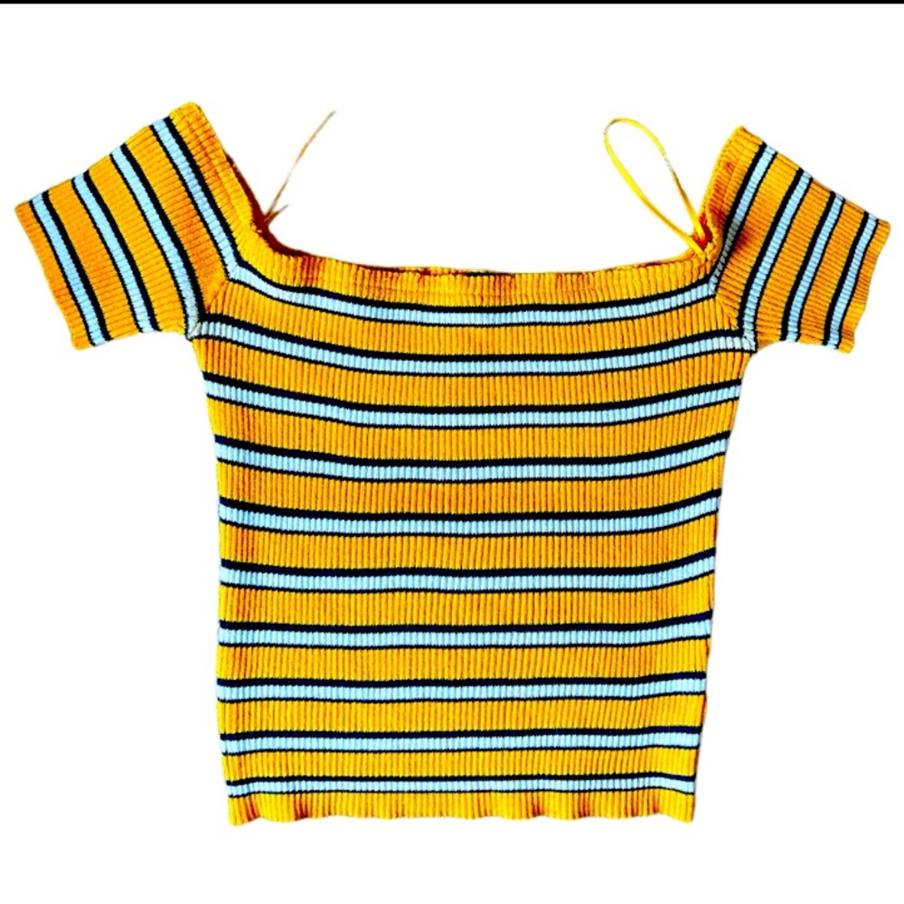 Ambiance Apparel Large Crop Off The Shoulder Yellow Black White Striped Knit Top